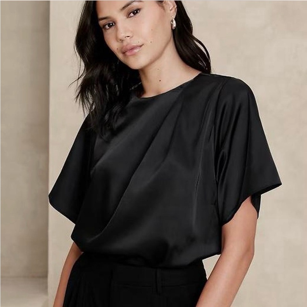 Satin Draped Short-Sleeve Blouse - Black